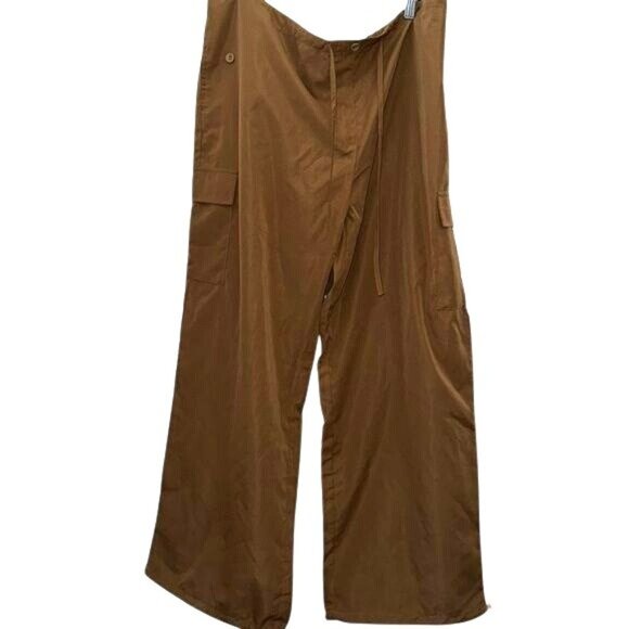Brown Wide-Leg Drawstring Cotton Pants With Side Pockets & Button Detail  Size M - Picture 1 of 9